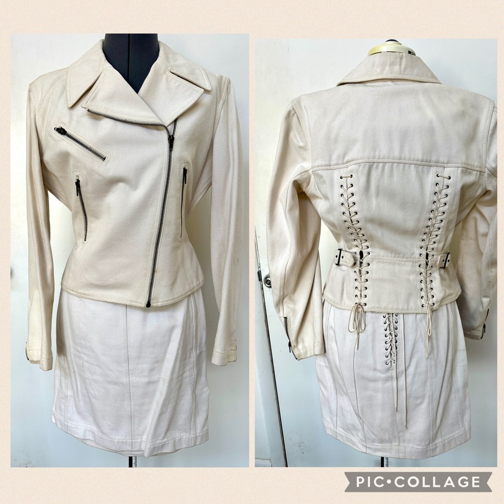 VINTAGE S/S 1991 AZZEDINE ALAIA CREAM DENIM LACE UP SKIRT BOMBER JACKET SET 8 10